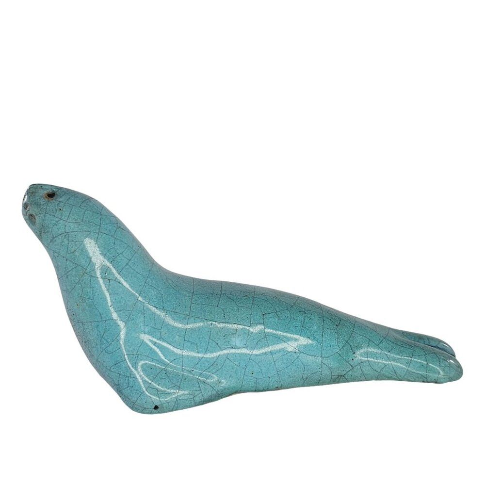 Vintage Aqua Blue Ceramic Seal Figurine China Collectible